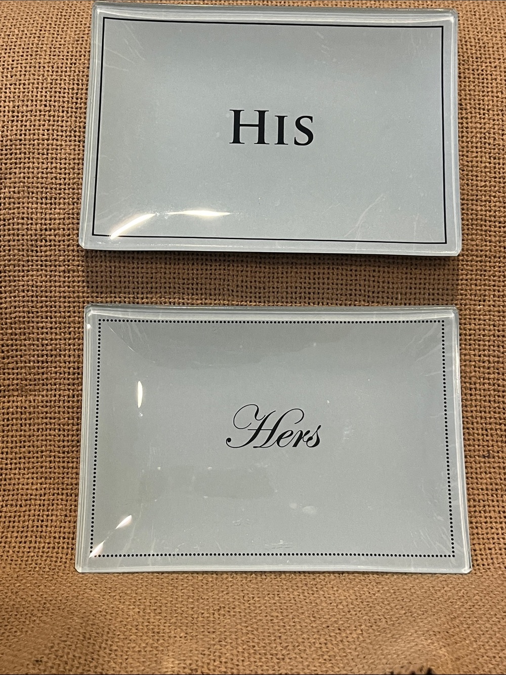 His & Hers Decorative Glass Trays - White with Black Text